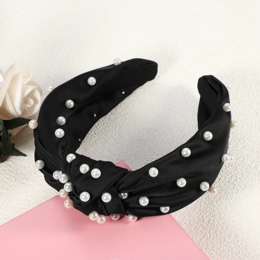 NWOT Satin Faux Pearl Sewed Knotted Headband Chic Ebony Black Noir White Cream